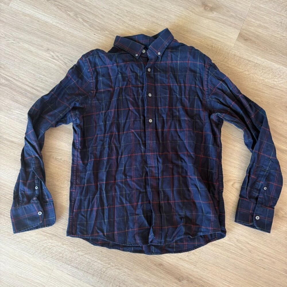Untuckit Large Plaid Flannel Shirt Blue Tartan Button Up